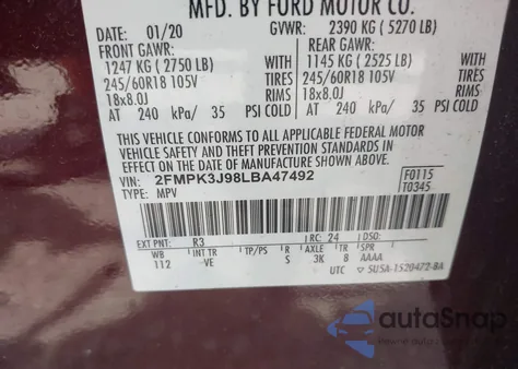 2020 Ford Edge Sel from USA, damaged, VIN 2FMPK3J98LBA47492